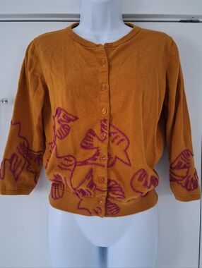 Anthropologie's Field Flower/ Mustard Yellow Cardigan/ Birds/ Est. Size US M-L